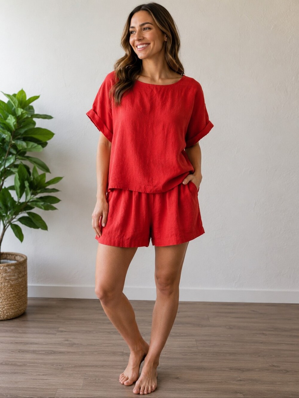 Klesis Oversized Short Sleeve Top & Matching Shorts With Pockets Set Coral Red S